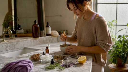 Woman mixing natural body scrub ingredients